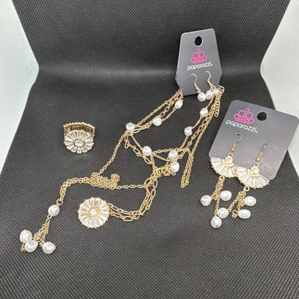 Paparazzi Gold Tone Crystal & Pearl Jewelry Set Necklace Earrings Ring